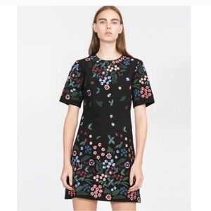 Zara Floral Embroidered Black Dress Short Sleeve Sheath Size XS